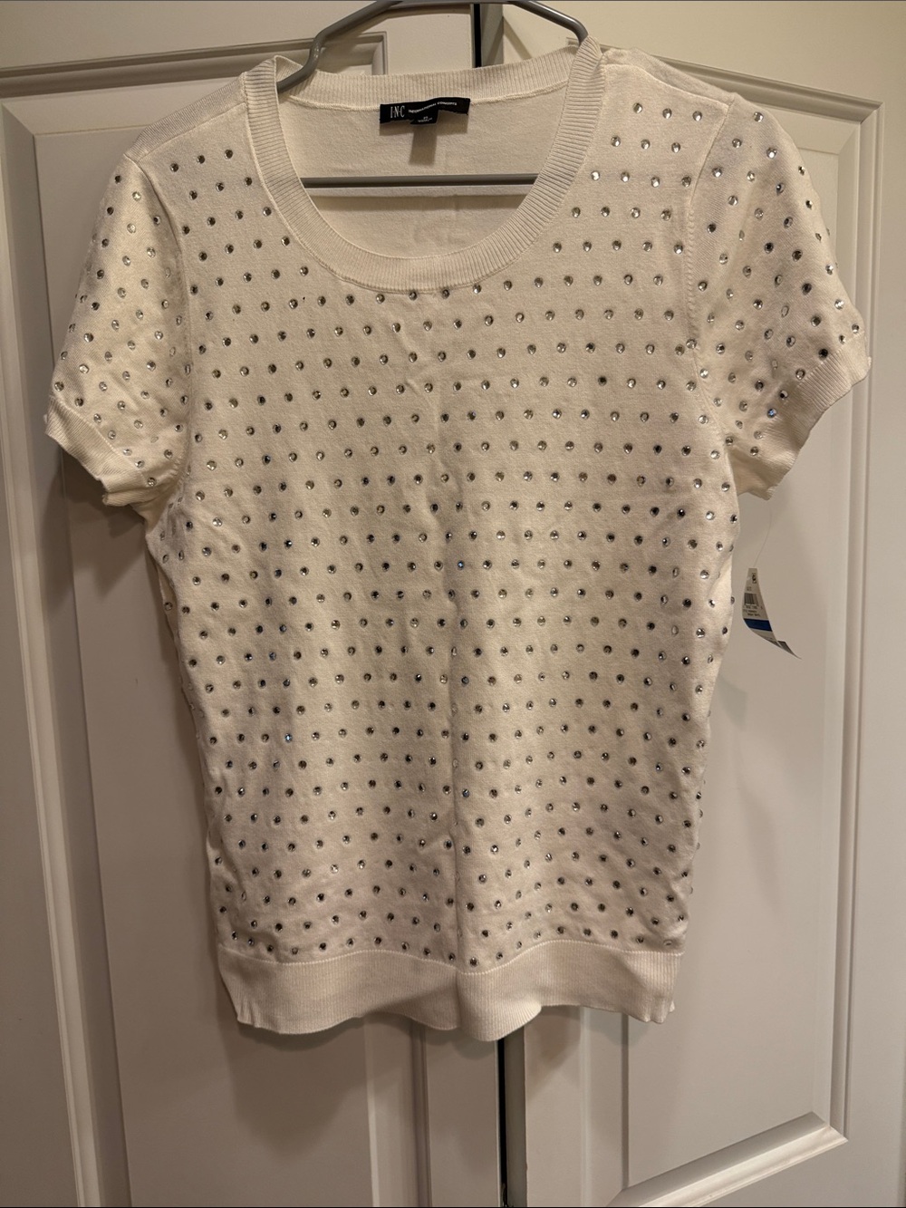 INC International Concepts Cream Short Sleeve Studded Knit Top